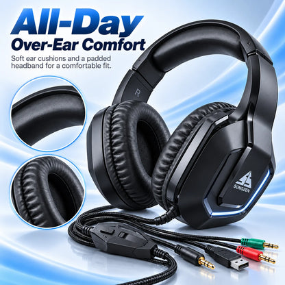 Casque de jeu D3, casque stéréo filaire à porter sur l’oreille, confortable, sans microphone, pour PC, ordinateur portable, écoute de musique et jeux.
