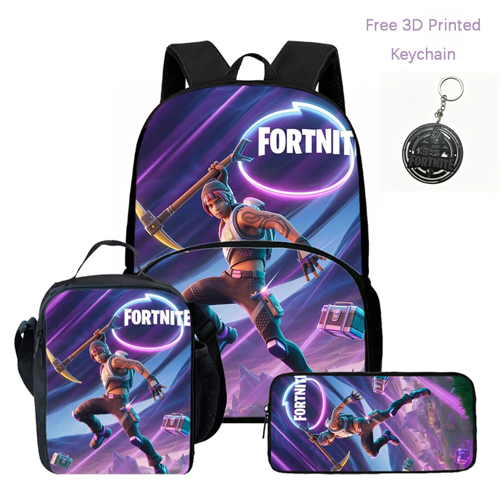 Conjunto FORTNITE leve de 3 peças: mochila com bolso frontal, lancheira e estojo, com porta-chaves 3D impresso grátis, para meninos, meninas e crianças dos 5 aos 10 anos