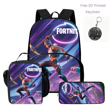 Conjunto FORTNITE leve de 3 peças: mochila com bolso frontal, lancheira e estojo, com porta-chaves 3D impresso grátis, para meninos, meninas e crianças dos 5 aos 10 anos