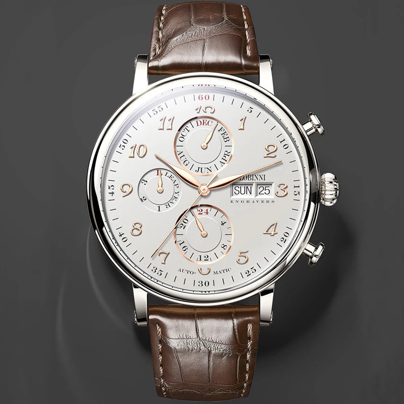 Relógio masculino mecânico automático LOBINNI Luxury Brand Switzerland com calendário perpétuo, vidro de safira e mostrador multifunções L13019-8