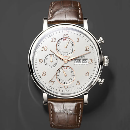 Relógio masculino mecânico automático LOBINNI Luxury Brand Switzerland com calendário perpétuo, vidro de safira e mostrador multifunções L13019-8