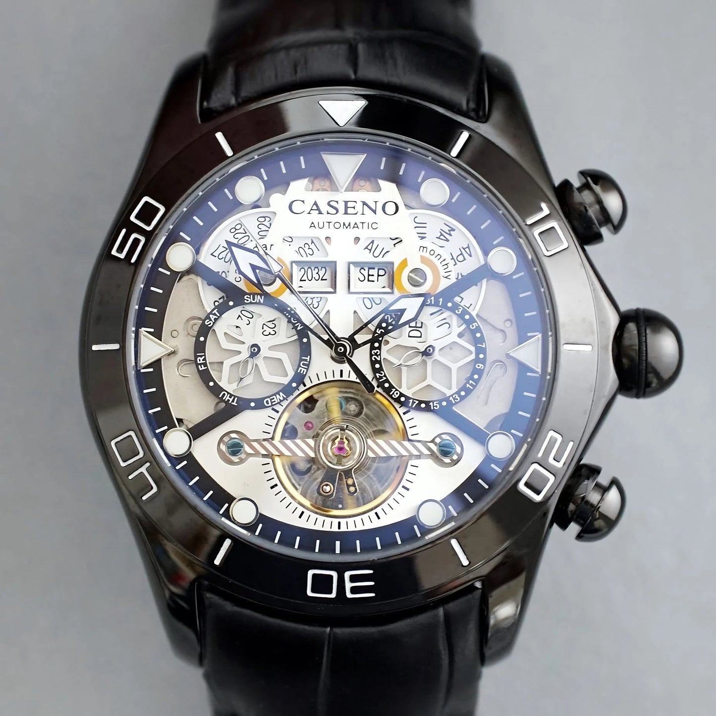CASENO Brand Bubble Perpetual Calendar Fully Automatic Tourbillon Large Dial Mechanical Watch Belt Watch -58284G