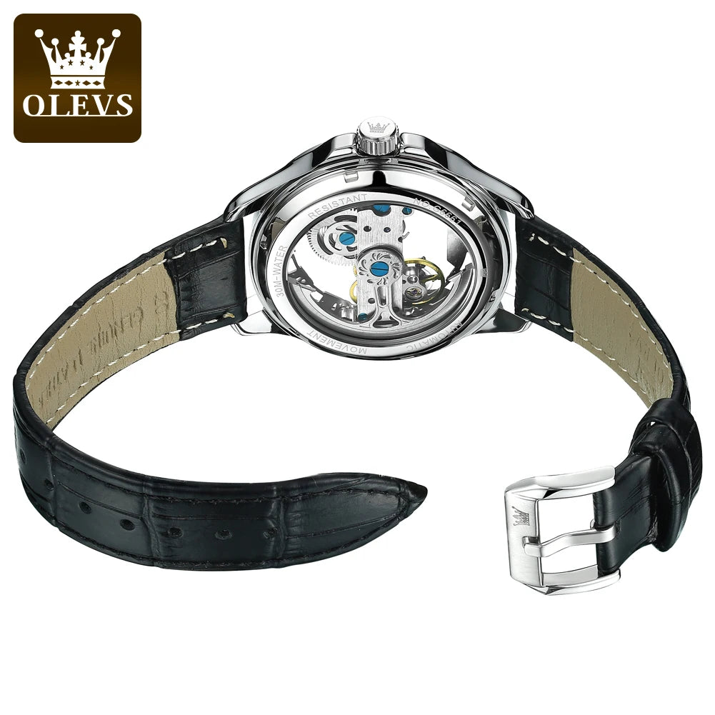 Reloj mecánico automático para hombre OLEVS 6661 – Modelo esqueleto totalmente transparente con volante a la vista, correa de piel, reloj de lujo original para hombre