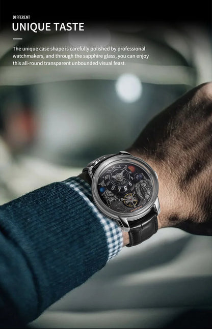 PINDU Watch Men New Space Series Unique Design Three-dimensional Dial Arabic Numerals Luminous Sapphire Mechanical Watch W2101B