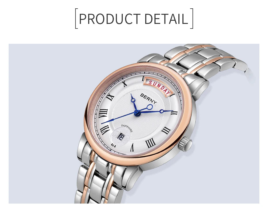 BERNY Women Watch Ladies Quartz Roman Numerals Day Top Calendar Watches Sapphire Glass Solid Steel Strap Women Wristwatch