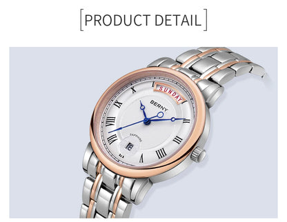 BERNY Women Watch Ladies Quartz Roman Numerals Day Top Calendar Watches Sapphire Glass Solid Steel Strap Women Wristwatch