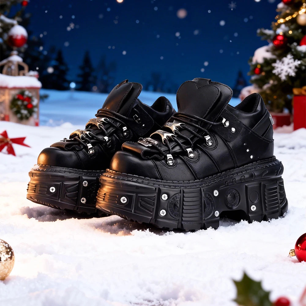 Damskor i punkstil, snörning, klackhöjd 6 cm, platåskor, gotiska ankelstövlar för kvinnor, rockstövlar, metalldekor, damsneakers