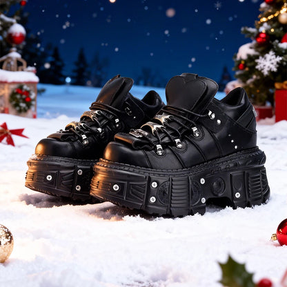 Damskor i punkstil, snörning, klackhöjd 6 cm, platåskor, gotiska ankelstövlar för kvinnor, rockstövlar, metalldekor, damsneakers