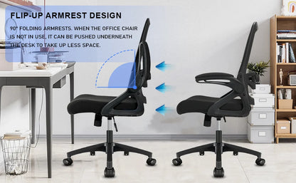 Milacyee Ergonomic Office Chair with Lumbar Support, Adjustable Desk Chair, 90° Flip-Up Armrest, Height Adjustable Mesh Executive Chair