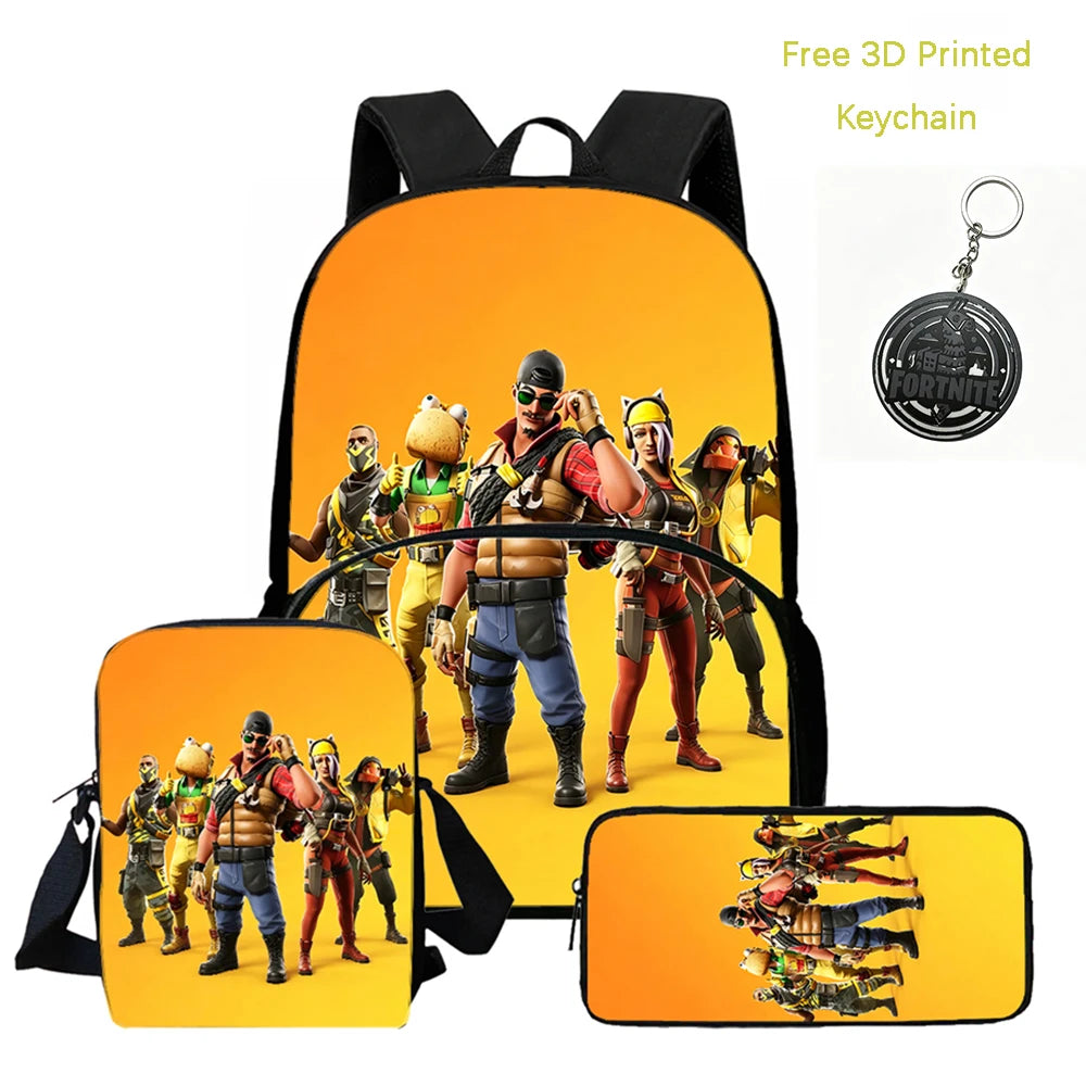 FORTNITE 3Pcs Lightweight Backpack With Front Pocket,Crossbody Bag&Pencil Case For Age 5-9 Boys Girls,Free 3D Printed Keychain.