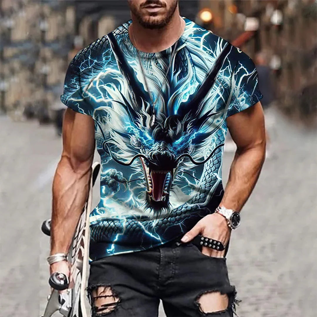 T-shirt nova de verão para homem com gola redonda, estampado 3D de dragão mágico em chamas, casual, respirável, leve, versátil e de manga curta