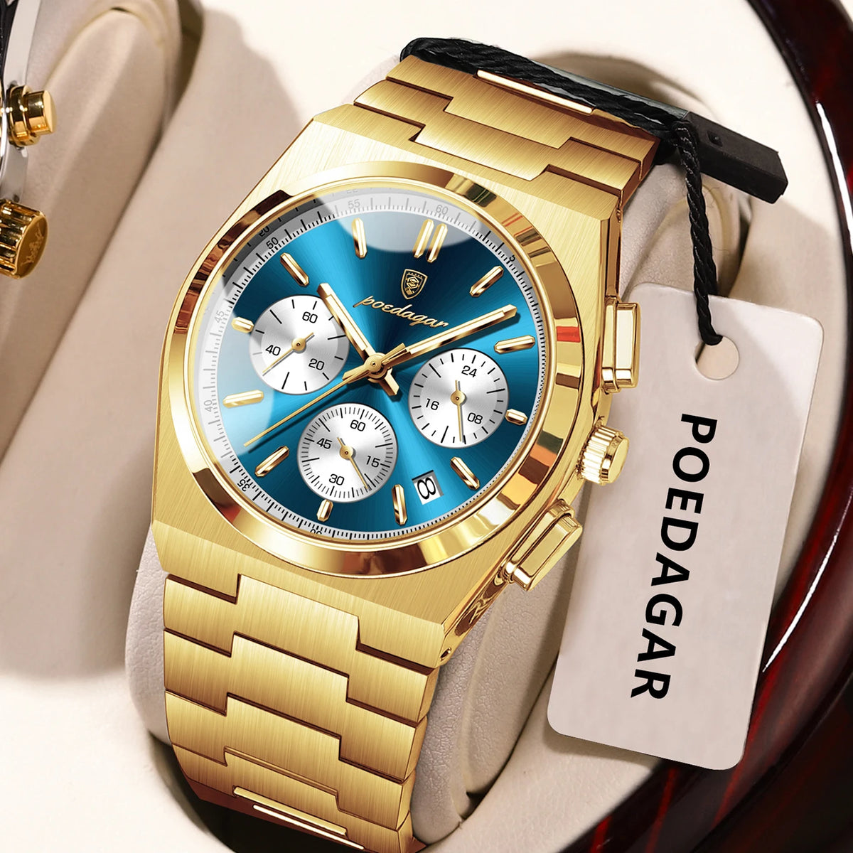 Montre pour homme POEDAGAR – Chronographe de luxe en acier inoxydable, avec date, étanche et luminescente – Montre-bracelet sportive à quartz
