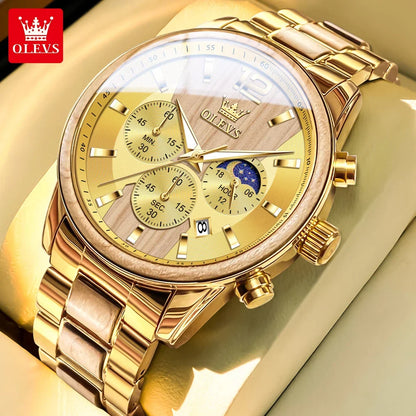 Montre homme OLEVS 3645 en bois, de luxe, avec éclairage nocturne, chronographe multifonctionnel, à quartz, style rétro, montre de sport tendance.
