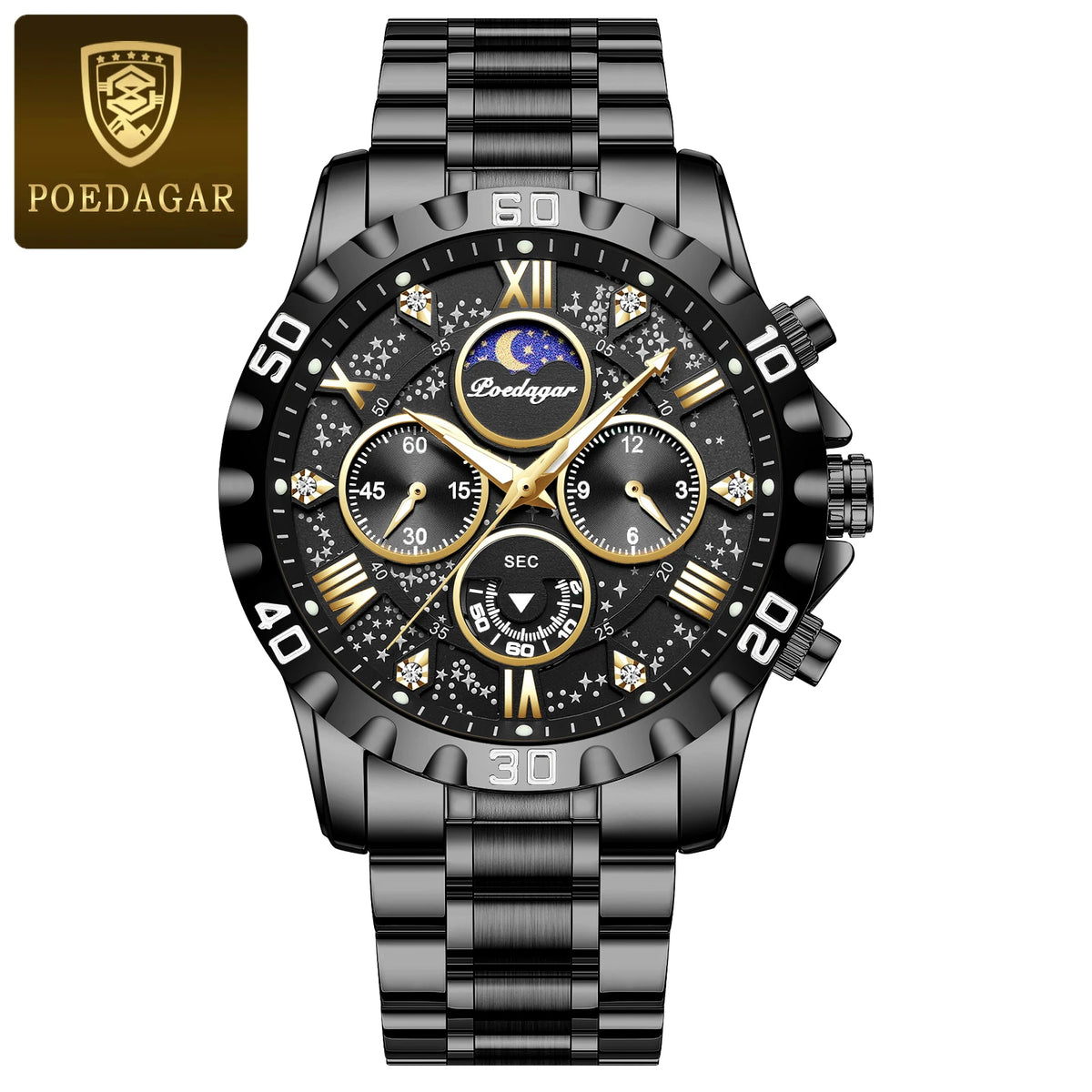 POEDAGAR herenhorloge – Luxe chronograaf, waterdicht en lichtgevend, van roestvrij staal, in sportieve en militaire stijl, met quartz uurwerk
