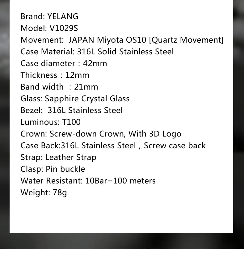 YELANG V1029S Men's Quartz Watch 42mm Japan OS10 Movement T100 Luminous 100M Waterproof Sports Military Style Watches Sapphire