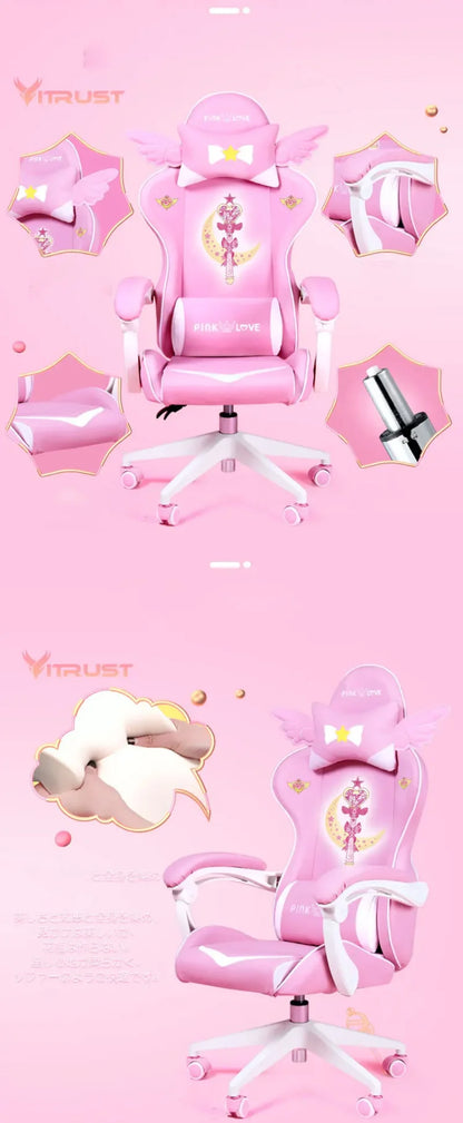 Pink Gaming Chair for Girls, Cute Comfortable Gaming Chair with Armrests, Swivel Height Adjustable Gamer Chair for Bedroom, Office & Streaming
