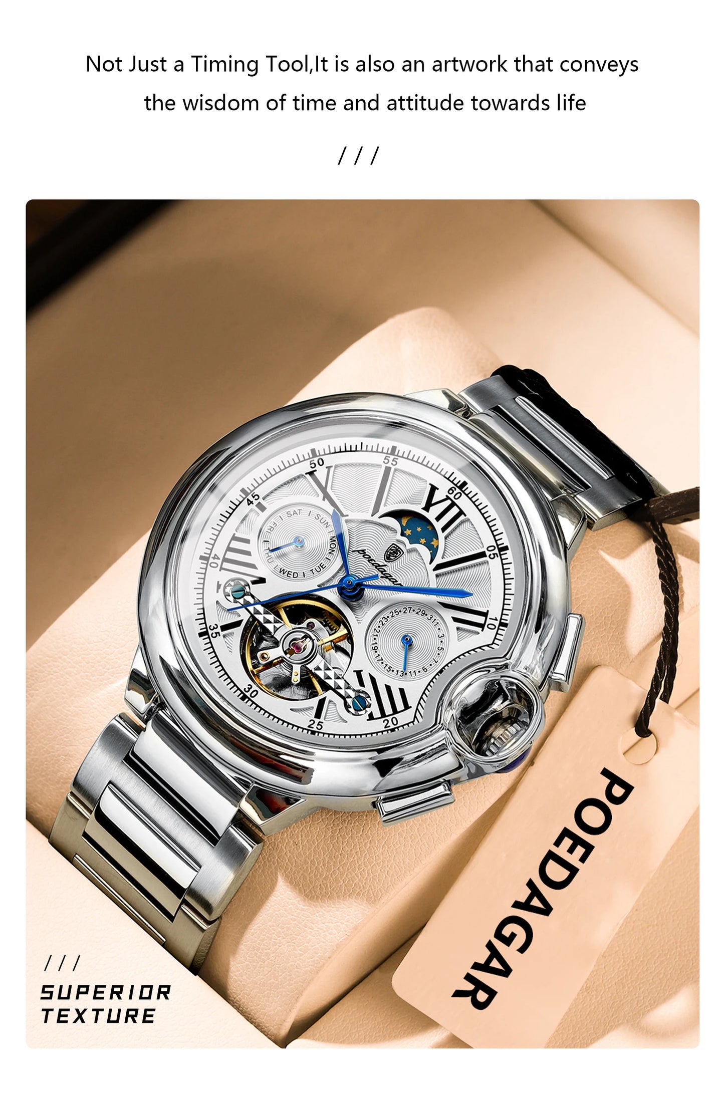 POEDAGAR Luxury Male Watch Tourbillon Date Week Stainless Steel Men Watch Waterproof Automatic Mechanical Military Men's Watches
