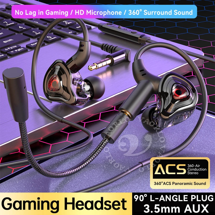 3.5mm/Type-C/USB  E-sports Gaming Headset 360° Surround Sound, HiFi Stereo Wired Headphone in-ear dual Mic, PUBG Gaming Earphone