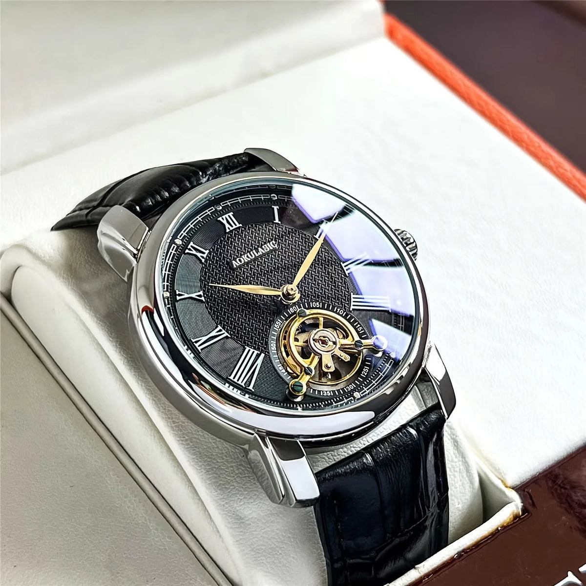 Montre mécanique automatique pour homme – Design squelette élégant, style « business casual » tendance, boîtier en alliage et bracelet en cuir, sans pile