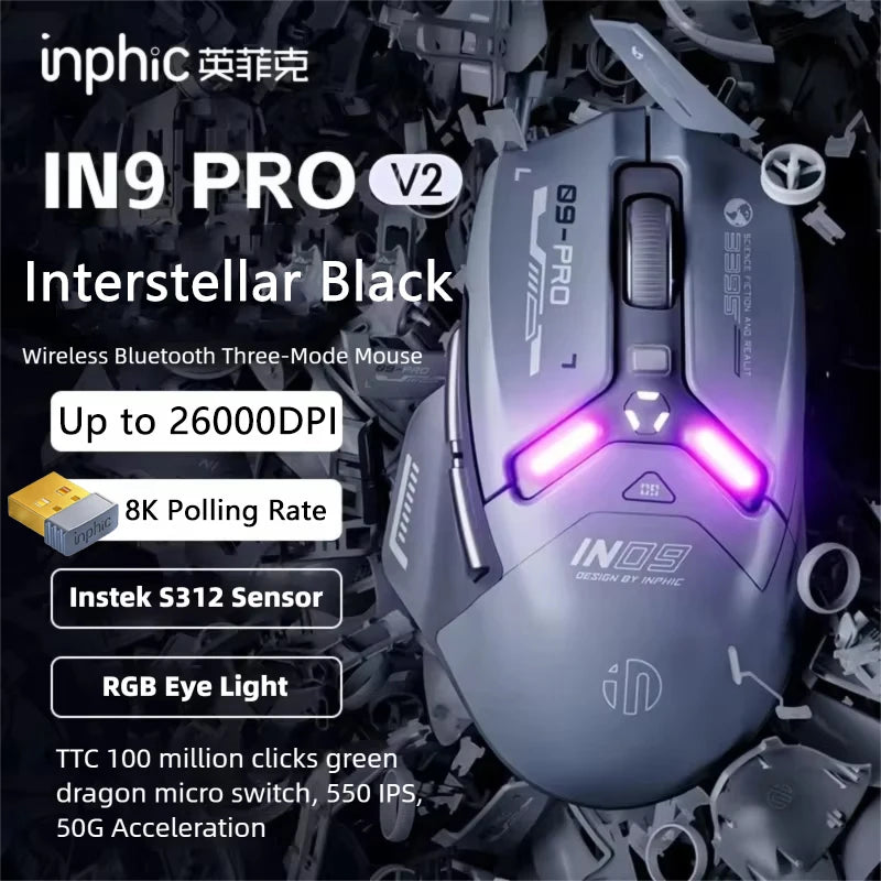 Ratón gaming inalámbrico Inphic IN9PRO 26000DPI, tasa de sondeo 8K, Bluetooth 5.0, con cable, 2.4G, trimodo, RGB, ergonómico