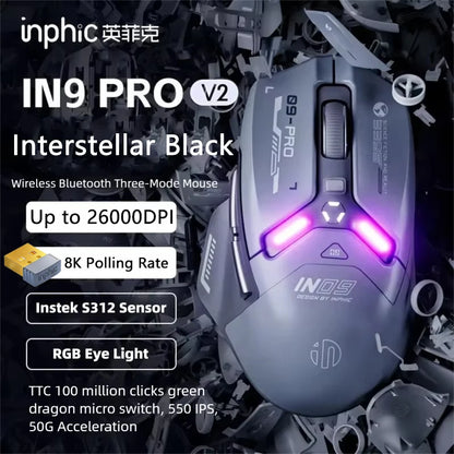 Ratón gaming inalámbrico Inphic IN9PRO 26000DPI, tasa de sondeo 8K, Bluetooth 5.0, con cable, 2.4G, trimodo, RGB, ergonómico