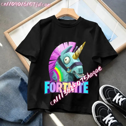 Fortnites Kids Black Cotton T Shirt Fortress Night Baby Short Sleeve Tees Shirt Cartoon Boy Girl Summer Clothes Kawaii Tops Gift