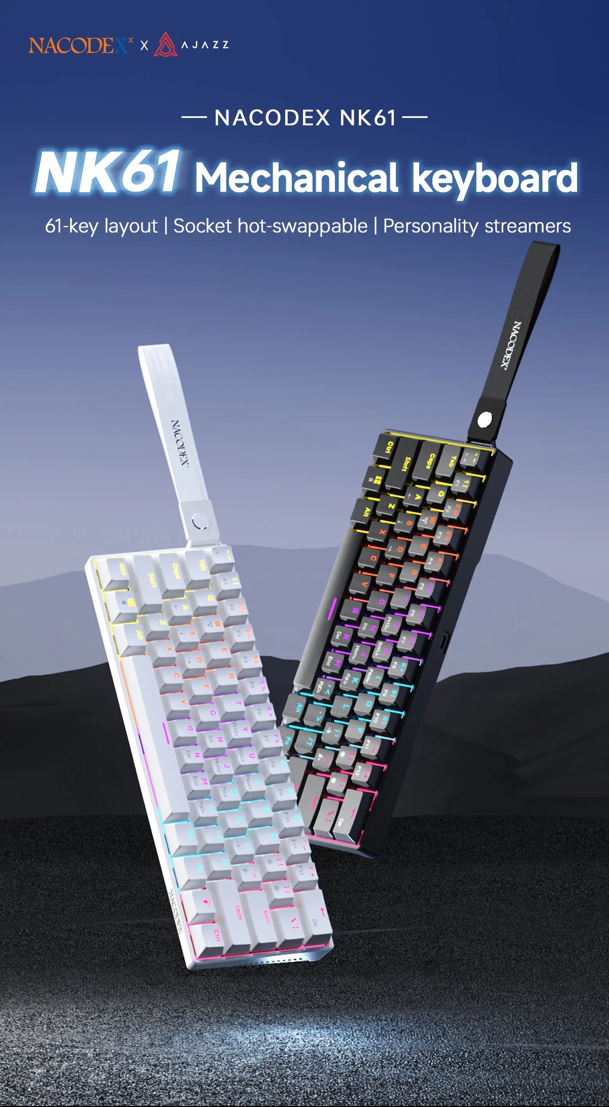 AJAZZ NK61 Wired Gaming Mechanical Keyboard 60% RGB Hot-Swappable 61 Keys Red Switch Mini Keyboard for Gamer PC