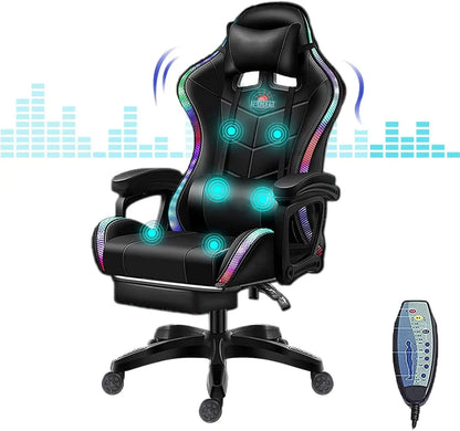 RGB Gaming Chair Ergonomic Massage Chair with LED Lights, Bluetooth Speakers, Footrest, Lumbar Support, Reclining High Back E-Sports Chair