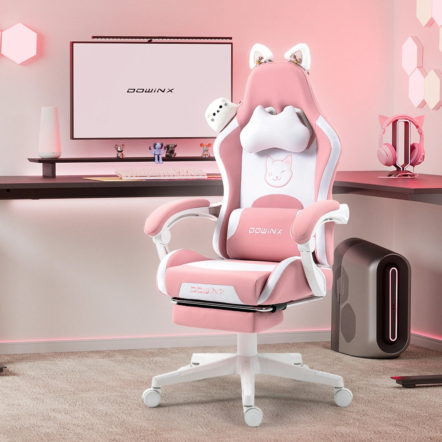 Niedlicher Gaming-Stuhl mit Katzenohren, Fußstütze, pinker Kawaii-Computerstuhl, ergonomischer Gamer-Sitz mit hoher Rückenlehne und Lendenstütze in Katzenpfotenform