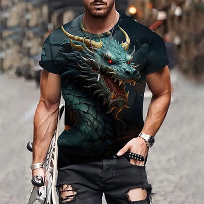 T-shirt nova de verão para homem com gola redonda, estampado 3D de dragão mágico em chamas, casual, respirável, leve, versátil e de manga curta