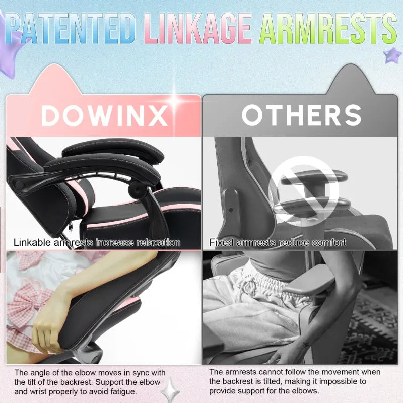 Niedlicher Gaming-Stuhl mit Katzenohren, Fußstütze, pinker Kawaii-Computerstuhl, ergonomischer Gamer-Sitz mit hoher Rückenlehne und Lendenstütze in Katzenpfotenform