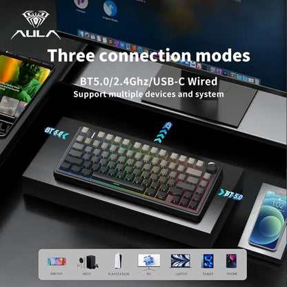 AULA F75 Game Mechanical Keyboard RGB Light 2.4G /BT5.0/Wired Tri-Mode Gasket Structure 75% Customized Gradient Grey Keyboard