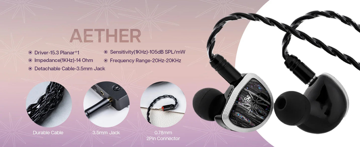 Kiwi Ears Aether 15.3mm Large Planar Driver IEM Hifi Earphones with Detachable Cable System for Gaming and Music Enthusiasts