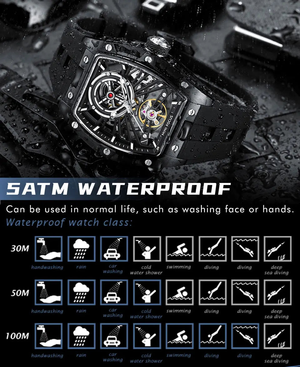 MINI FOCUS Men Wristwatch Fashion Black Waterproof Automatic Mechanical Watch with Luminous Hands Silicone Strap Tonneau Dial