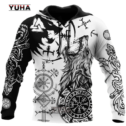 Felpa con cappuccio e felpa da uomo unisex casual autunnale New Wolf Tattoo Vegvisir nero bianco 3D con stampa integrale