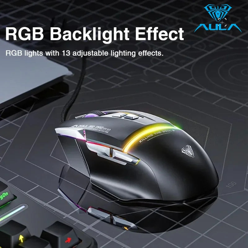 AULA S12Pro káblová mechanická myš 1000HZ 12800DPI RGB s nízkou latenciou, programovateľnými makrami – e-športová herná myš, príslušenstvo pre PC hráčov
