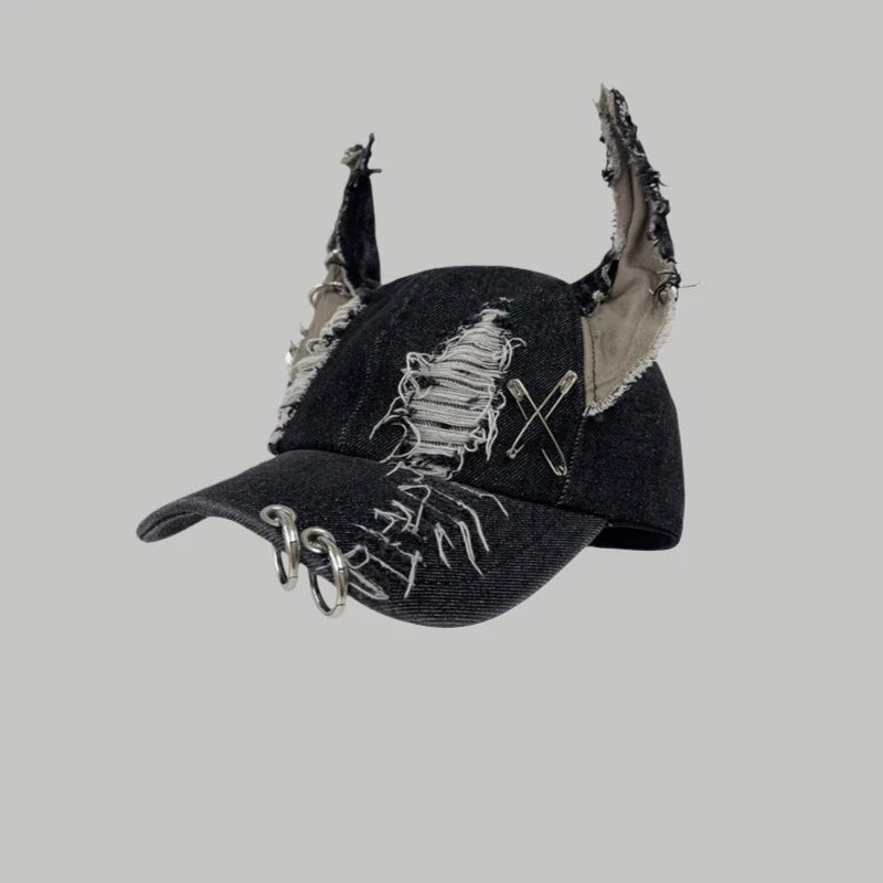 Celebrity-Inspired Niche Rabbit Ear Denim Ripped Baseball Cap Washed Graffiti Hip-Hop Sun Hat Trendy Cap