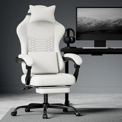 Ergonomic Gaming Chair Fabric Office Chair with Footrest, 360° Swivel Adjustable Desk Chair, Comfortable Racing Style Computer Chair