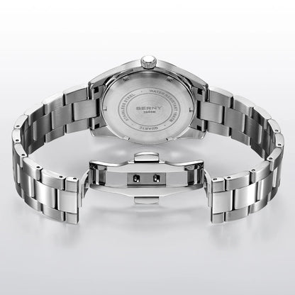 Montre pour homme BERNY – Montre à quartz, verre saphir, aiguilles luminescentes, étanche 10 ATM, entièrement en acier inoxydable – Style élégant et décontracté, idéale pour le quotidien ou les occasions professio
