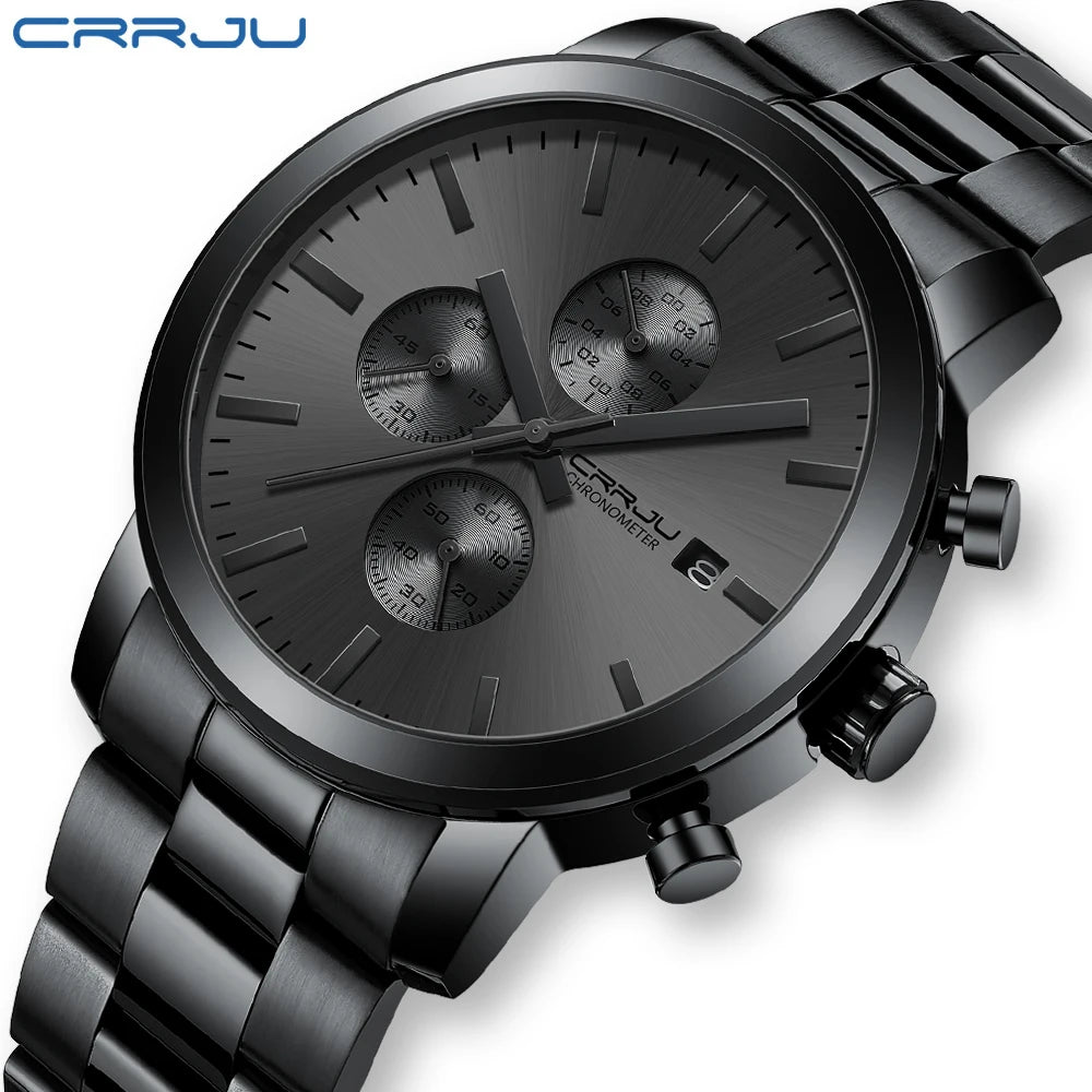 Herrenuhr CRRJU – Chronograph aus Edelstahl, wasserdicht, mit Datumsanzeige, analogem Quarzwerk, eleganter und professioneller Stil