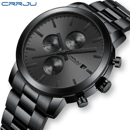 Herrenuhr CRRJU – Chronograph aus Edelstahl, wasserdicht, mit Datumsanzeige, analogem Quarzwerk, eleganter und professioneller Stil