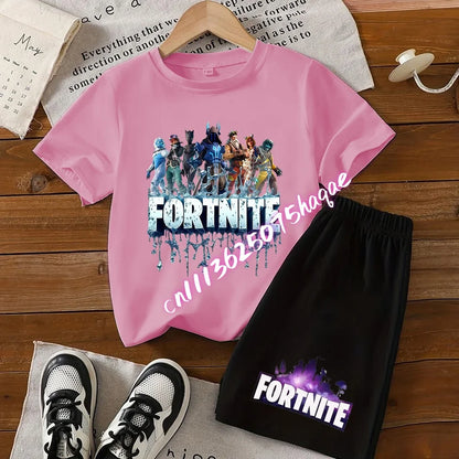 Summer Kids Game Fortnite T-Shirt Suit Anime Short Sleeve Shorts 2 Piece Summer Children Cotton Casual Sportswear Gifts