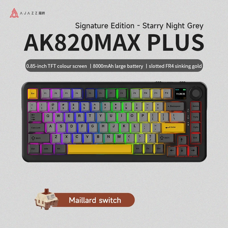 AJAZZ AK820 MAX PLUS Tri-mode TFT Screen Gaming Keyboard 8000mAH dual system hot swap FR4/PC Plate Volume Knob