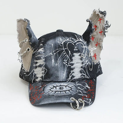 Celebrity-Inspired Niche Rabbit Ear Denim Ripped Baseball Cap Washed Graffiti Hip-Hop Sun Hat Trendy Cap