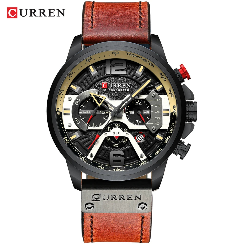 CURREN 8329 herreur – Afslappet sportsstil, militærinspireret design, læderrem, trendy kronograf, luksusur fra et kendt mærke