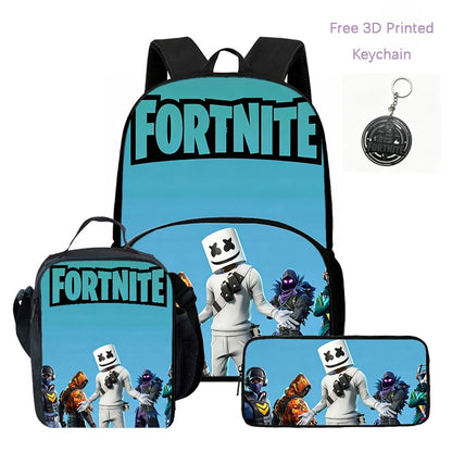 Conjunto FORTNITE leve de 3 peças: mochila com bolso frontal, lancheira e estojo, com porta-chaves 3D impresso grátis, para meninos, meninas e crianças dos 5 aos 10 anos