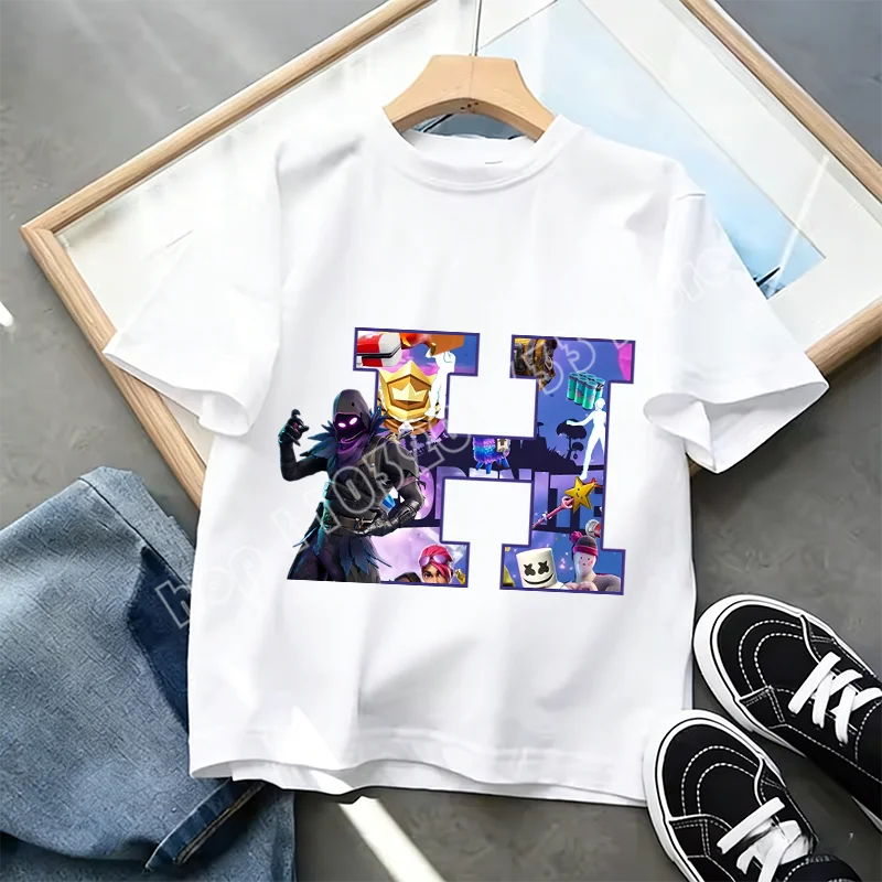 Fortnite A-Z Alphabet Print T Shirt Summer Kids White Clothing Popular Cartoon Game T Shirt Fashion Casual Short Sleeve Top Gift