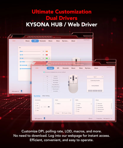 Mouse de gaming KYSONA Jupiter Series cu fir și wireless, 8Khz, senzor PAW3950, Bluetooth, 46g, reîncărcabil, driver web pentru PC și laptop