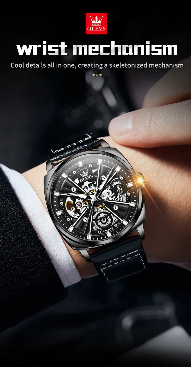 OLEVS 6685 Men's Watches Mechanical Wristwatch 30m Waterproof Luminous Leather Strap Original Man Watch