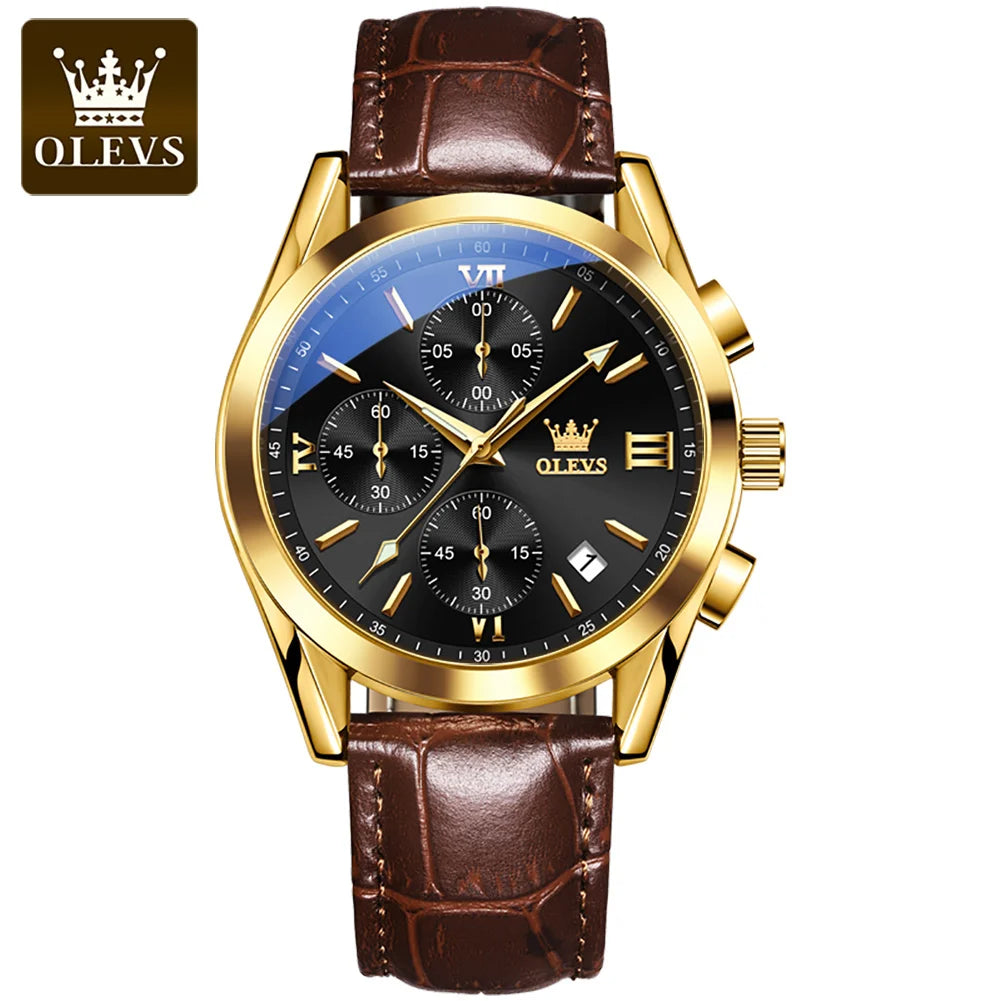 Reloj de pulsera cronógrafo para hombre OLEVS 2872 – Correa de piel, resistente al agua, agujas luminiscentes, movimiento de cuarzo, estilo deportivo de lujo